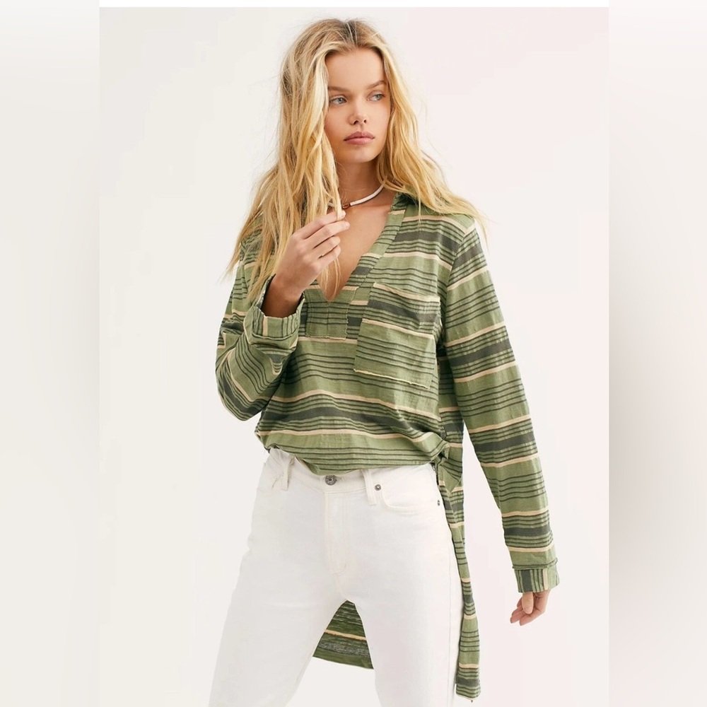 Free People Beach Women’s S/P Green Beige Striped V-Neck Long Sleeve Top